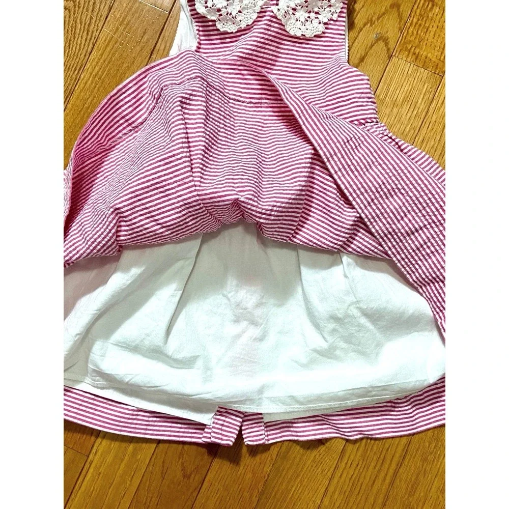 Ralph Lauren Baby Girls Pink‎ White Striped Seersucker Lace Collar Dress 18M